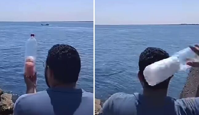 مشهد الشاب المصري يلقي زجاجات الطحين والسكر في البحر، إلى أهل غزة