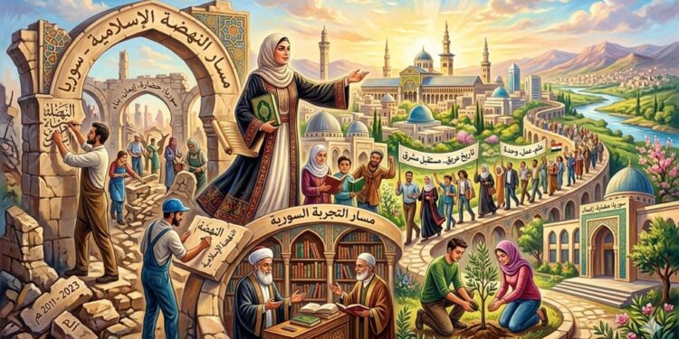 صورة تعبيرية بالذكاء الاصطناعي للنهضة الإسلامية في مسار التجربة السورية
