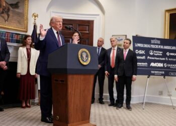 FILE PHOTO: U.S. President Donald Trump gestures as he makes an announcement about lowering the cost of drug prices, at the Roosevelt Room of the White House in Washington, D.C., U.S., December 19, 2025. REUTERS/Evelyn Hockstein/File Photo
