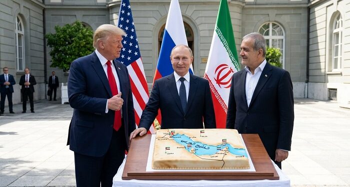 الثلاثة امريكا زروسيا وايران يقسمون تورتة المصالح بالخليج- ذكاء اصطناعى
